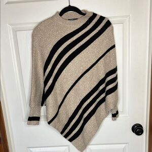 Striped Beige and Black Women's Poncho Sweater